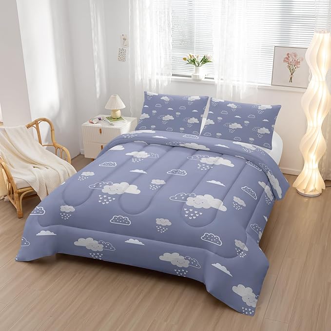 Cute Clouds Printed Bedding Comforter Set Twin Size for Teens and Adults,Clouds Printed Quilt Set for Bedroom 100% Soft Microfiber All Season with 1 Comforter and 2 Pillowcases