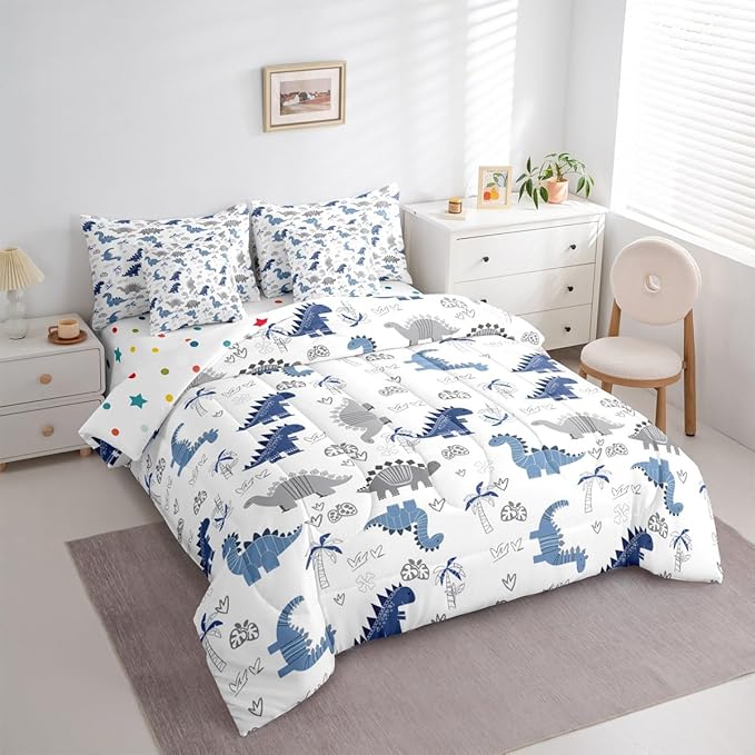 Feelyou Cute Dinosaur 7 Piece Bedding Set Blue Grey Dinosaur Comforter Set with Sheets for Kids Boys Girls Nutrue Palm Tree Bed in a Bag Animal Theme Bed Set Soft Lightweight