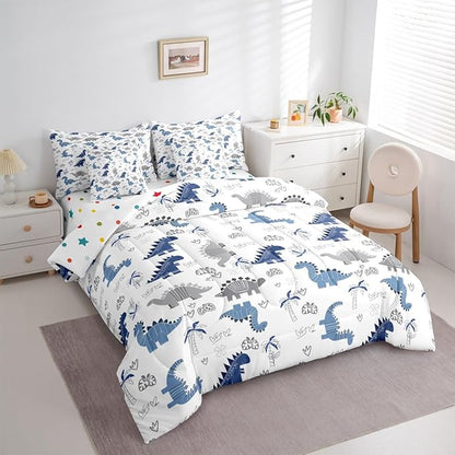 Feelyou Cute Dinosaur 7 Piece Bedding Set Blue Grey Dinosaur Comforter Set with Sheets for Kids Boys Girls Nutrue Palm Tree Bed in a Bag Animal Theme Bed Set Soft Lightweight