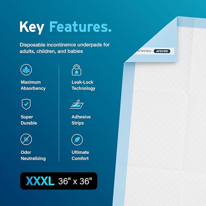 50 x AYDMED Incontinence Underpads 36" x 36" with Adhesive Strips | XXXL Bed Pads Disposable Adult | Max Absorbency Chux Pads for Adults, Children & Babies | Incontinence Bed Pads & Pee Pads