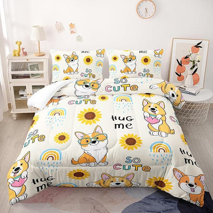Kawaii Cartoon Corgi Dog Animal Themed Comforter 3Pcs Full Yellow Sunflower Rainbow Bedding Set for Kid Teen Girl Boy Adult So Cute Pet Dog Quilt Bed Decor with 1 Comforter and 2 Pillowcases