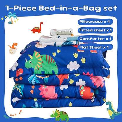 Wajade 7 Piece Kid Boys Dinosaur Comforter Set Full Size 3D Blue Dinosaur Wild Park Jungle Print Bedding Set with Comforter, Sheet Set, Pillowcase and Sham