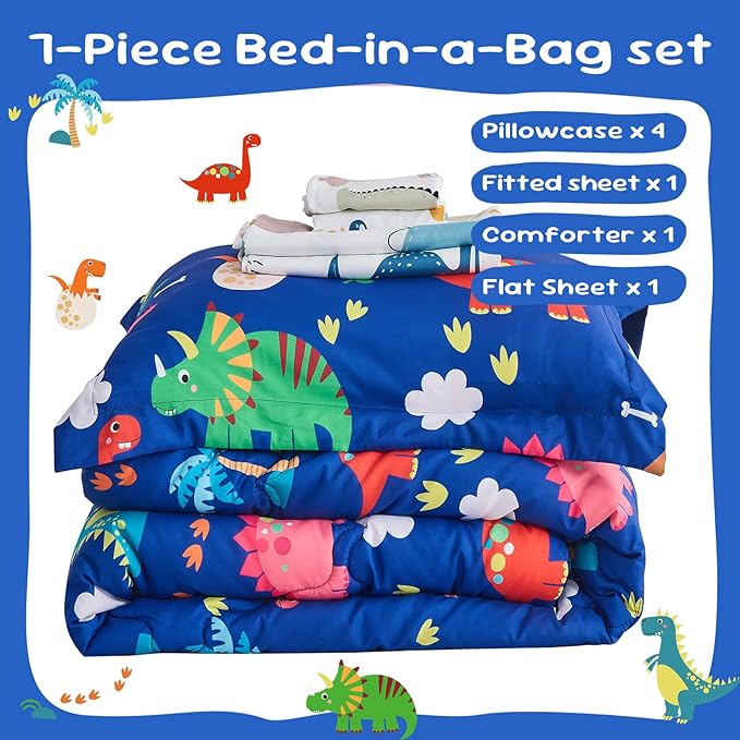Wajade 7 Piece Kid Boys Dinosaur Comforter Set Twin Size 3D Blue Dinosaur Wild Park Jungle Print Bedding Set with Comforter, Sheet Set, Pillowcase and Sham