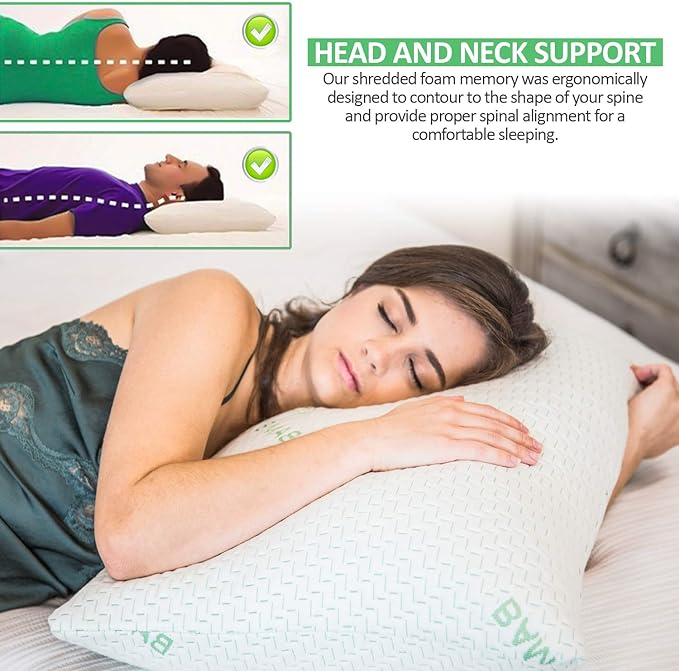 Elif Queen Size Pillows for Sleeping – Cooling Shredded Memory Foam Pillow with Removable Cover for Back, Stomach & Side Sleepers, Rayon Derived from Bamboo, Queen (1 Pack)