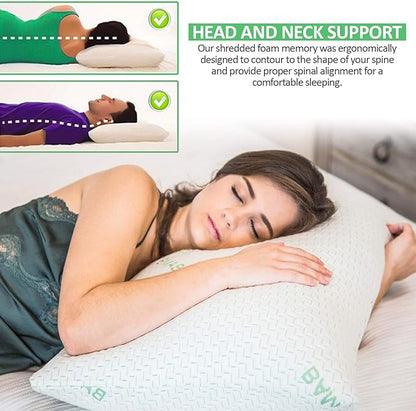Elif Queen Size Pillows for Sleeping – Cooling Shredded Memory Foam Pillow with Removable Cover for Back, Stomach & Side Sleepers, Rayon Derived from Bamboo, Queen (1 Pack)