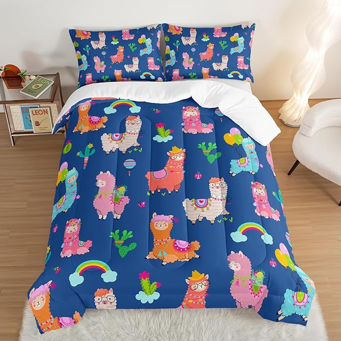 HOSIMA Kids Cute Llama Bed in a Bag Queen Comforter Set,Cartoon Rainbow Alpaca Comforter with 2 Pillowcases,Animal Bedding Sets for Children Room Decor,Blue Toddler Bedding Set for Boys Girls.