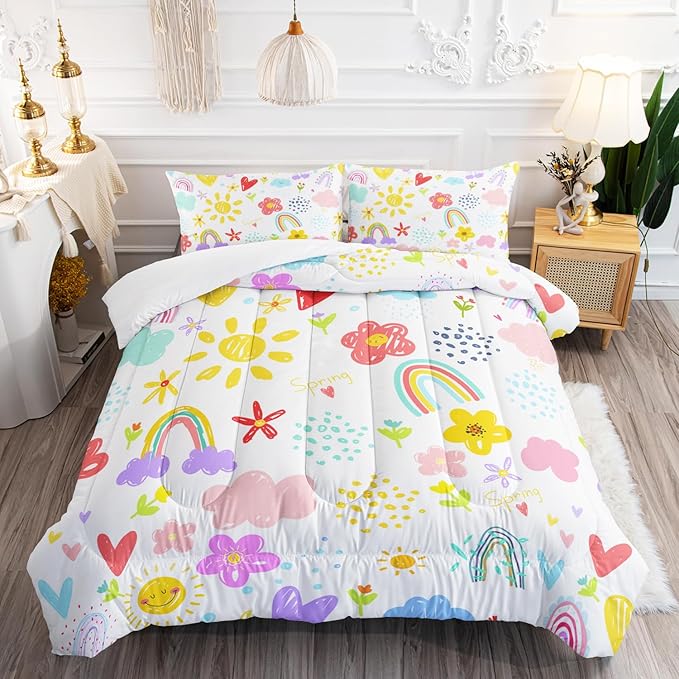 Colorful Rainbow Comforter Graffiti Cute Sun Flowers Bedding 3Pcs Full Cartoon Hearts Cloud Pattern Quilt Set for Kids Teens Girls Boys Raindrop Bed Set with 1 Comforter and 2 Pillowcases