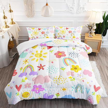 Colorful Rainbow Comforter Graffiti Cute Sun Flowers Bedding 3Pcs Twin Cartoon Hearts Cloud Pattern Quilt Set for Kids Teens Girls Boys Raindrop Bed Set with 1 Comforter and 2 Pillowcases