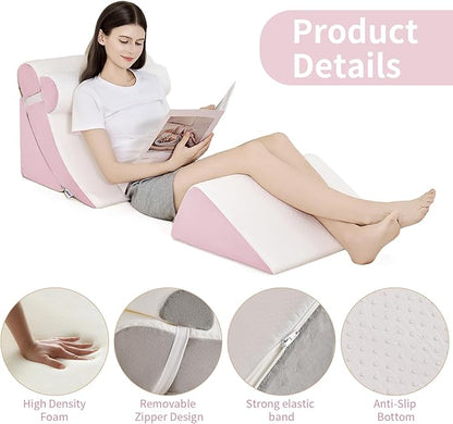4PCS Orthopedic Bed Wedge Pillow Set for Post Surgery & Pain Relief, Adjustable Wedge Pillow for Back, Acid Reflux,Sitting up in Bed,Recovery, Snoring, Body Pillow for Sleeping (White/Pink)