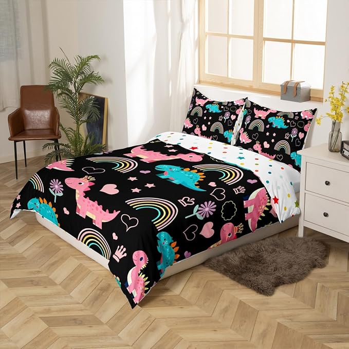 Lovely Dino Duvet Cover Set Toddler Size,Cute Rainbow Floral Love Heart Reversible Quilt Cover for Kids Boys Girls Pink Black Dinosaur Kawaii Animal Bedding Set with 1 Pillowcase,No Comforter