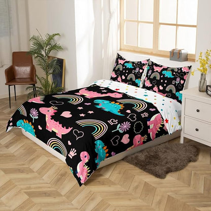 Lovely Dino Duvet Cover Set Full Size,Cute Rainbow Floral Love Heart Reversible Quilt Cover with 2 Pillowcases,Pink Black Dinosaur Kawaii Animal Breathable Bedding Set (NO Comforter), Soft