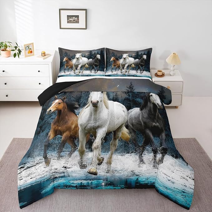 Feelyou Horse Comforter Set Galloping Horse Bedding Set for Kids Boys Girls Wildlife Comforter Farm Animal Quilt Set 1 Comforter Set with 2 Pillowcases Queen Size