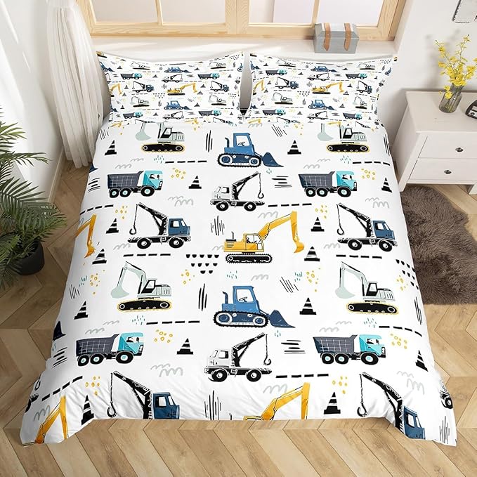 Castle Fairy Excavator Boys Duvet Cover Set Queen Size Cartoon Construction Tractor Cars Bedding Set Kids Bedroom Watercolor Traffic Graffiti Black White Vehicle Quilt Cover 3pcs CYJS6119ZMD-TJ_USq