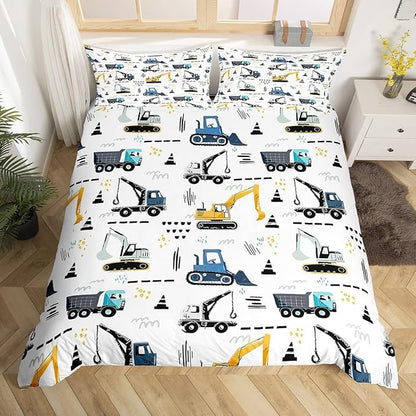 Castle Fairy Excavator Boys Duvet Cover Set Full Size Cartoon Construction Tractor Cars Bedding for Kids Child Teens Bedroom Watercolor Traffic Graffiti Comforter Black White Vehicle Quilt 3pcs