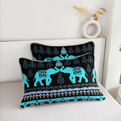 Blue Elephant Full Quilted Bedding Sets,Boho Style Bedding Summer Quilt for Adults Kids,Soft Lightweight Exquisite Quilted Sets with 2 Pillowcases.