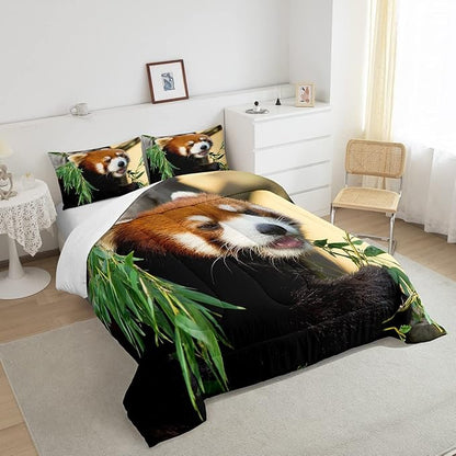Feelyou Red Panda Bedding Set Cute Animal Pattern Comforter for Kids Boys Girls Teens Red Panda Leaves Print Comforter Set Breathable Nature Quilt Set Bedroom Collection 2Pcs Twin Size