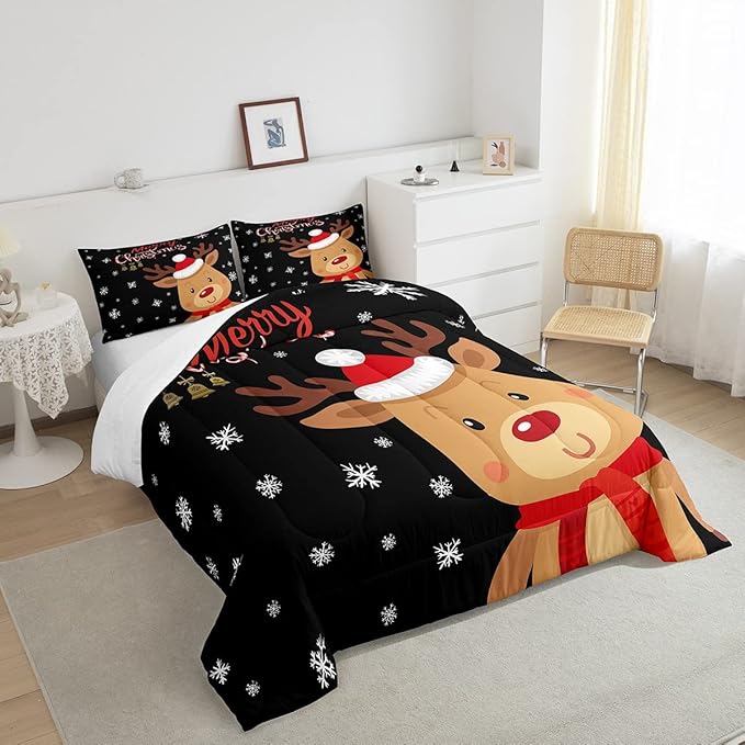 Cartoon Deer Reindeer Comforter Set Twin,Merry Christmas Bedding Set for Kids Boys Girls,Xmas Snowflake Duvet Insert Bedroom Decor,Happy New Year Gift Down Comforter with 1 Pillowcase Soft