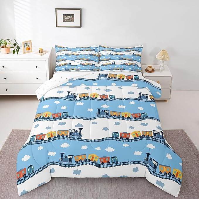 Erosebridal Kids Locomotive Train Comforter Set Full,Cute Steam Engine Truck Bedding Sets for Boys Girls Blue White Clouds Duvet Insert Railway Car Vehicles Down Comforter with 2 Pillowcases