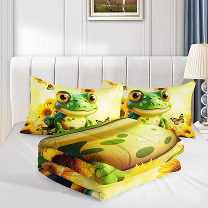 Cartoon Green Frog Comforter 3Pcs Queen Yellow Sunflower Butterflies Bedding Set for Kid Teen Girl Boy Adult 3D Wild Animal Botanical Pattern Quilt Bed Decor with 1 Comforter and 2 Pillowcases