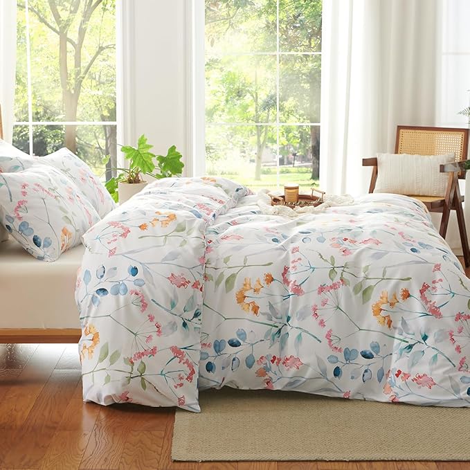 Floral Duvet Cover Queen 3 Pieces Watercolor Flower Pattern Bedding Set for Girls Colorful Flower Aesthetic Bedding Soft Microfiber Farmhosue Comforter Cover with 2 Pillowcases