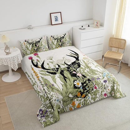 Feelyou Deer Antler Comforter Set Farmhouse Wild Deer Bedding Bed Set for Kids Boys Girls Rustic Decor Retro Wild Animal Comforter Wildflower Quilt Set with 2 Pillowcases 3Pcs Bedding Full
