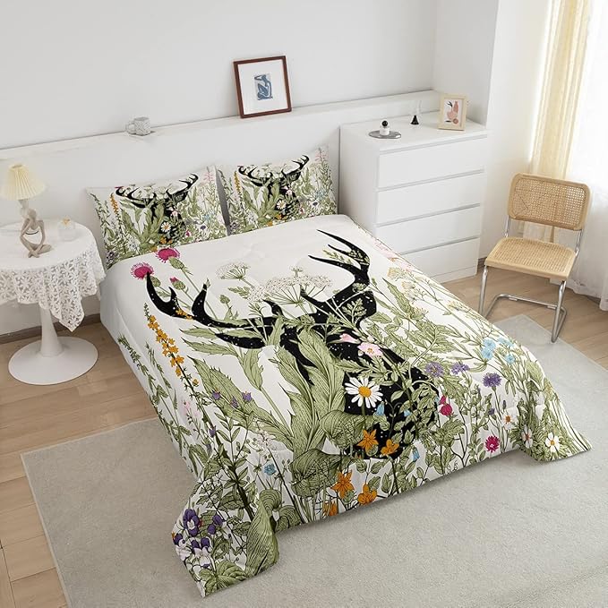 Feelyou Deer Antler Comforter Set Farmhouse Wild Deer Bedding Bed Set for Kids Boys Girls Rustic Decor Retro Wild Animal Comforter Wildflower Quilt with 2 Pillowcases 3Pcs Bedding Queen Boys