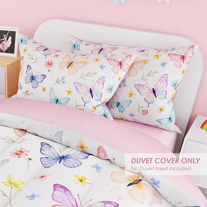 SANDJEST Butterfly Duvet Cover Sets Full Size for Kids Girls, Incude 1 Polyester Comforter Cover 80x90 Inches and 2 Pillowcases 20x26 Inches, Comforter Not Included, Gift for Christmas Birthday