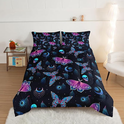 HOSIMA Halloween King Size Comforter Set,Goth Bedding Set Black Comforter Skull Butterfly Bed in a Bag King Size for Adults Boys Girls Halloween Room Decor Dark Academia Bedding.