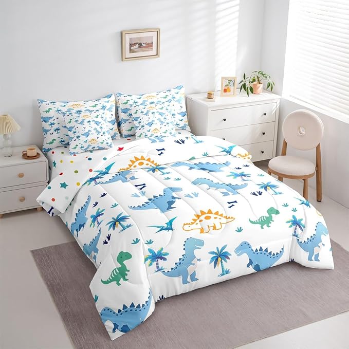 Feelyou Cute Dinosaur 7 Piece Bedding Set Blue Dinosaur Comforter Set with Sheets for Kids Boys Girls Coconut Palm Bed in a Bag Animal Theme Bed Set Soft Lightweight