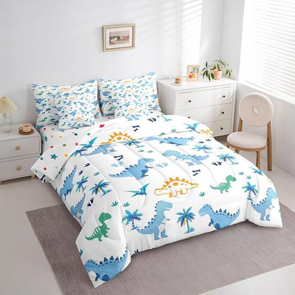 Feelyou Cute Dinosaur 7 Piece Bedding Set Blue Dinosaur Comforter Set with Sheets for Kids Boys Girls Coconut Palm Bed in a Bag Animal Theme Bed Set Soft Lightweight