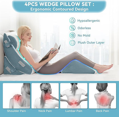 Kingfun 4pcs Orthopedic Bed Wedge Pillow Set for Sleeping, Memory Foam for Sleeping,Breathable Triangle Pillow Wedge, Post Surgery Memory Foam for Back, Leg Pain Relief, Sitting