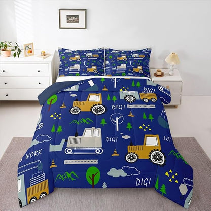 Feelyou Construction Comforter Set All Season Equipment Trucks Bedding Set with 1 Pillow Cases Excavator Tractor Kids Twin Bedclothes Construction Vehicles Bedroom Decor Blue Yellow Duvet Quilt