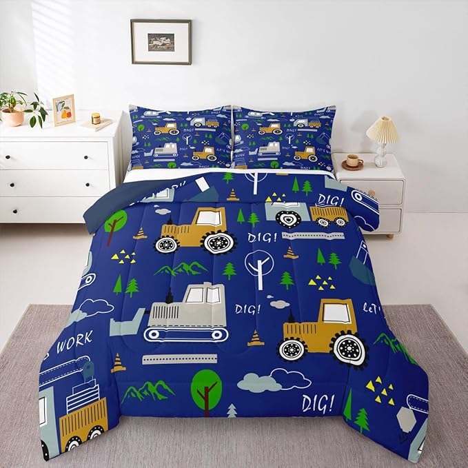 Feelyou Construction Comforter Set All Season Equipment Trucks Bedding Set with 1 Pillow Cases Excavator Tractor Kids Toddler Bedclothes Construction Vehicles Bedroom Decor Blue Yellow Duvet Quilt
