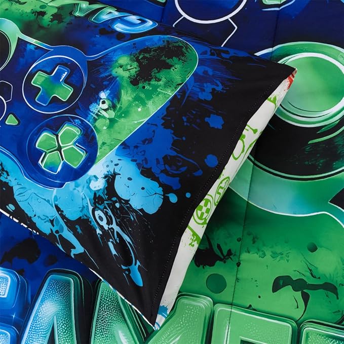 NTBED Game Console Comforter Set for Boys Girls Kids Tie Dye Gaming Lightweight Microfiber Gamer Bedding Sets (Blue Green, Twin 5Pcs)