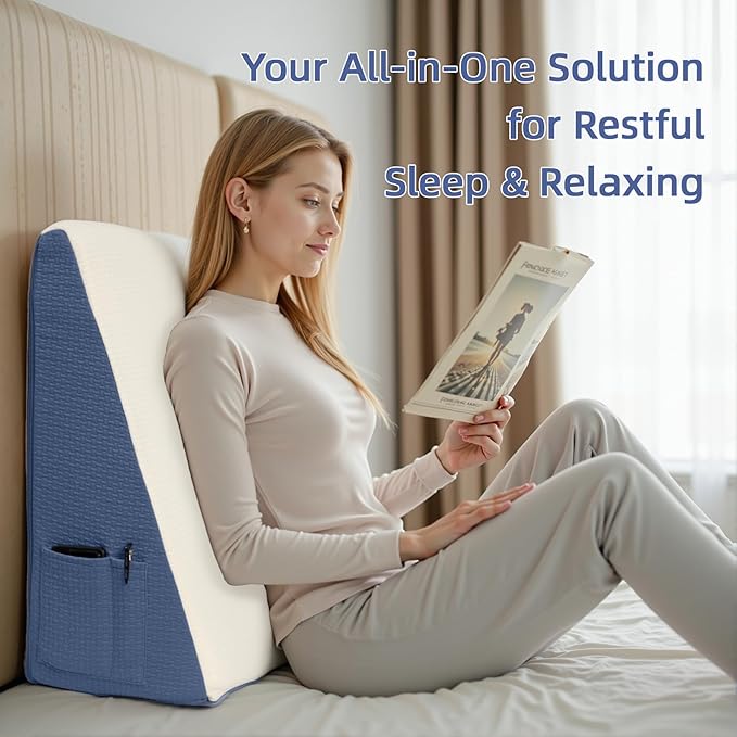 Wedge Pillow for Headboard, 12’’ Triangle Elevated Bed Wedge Pillow for Acid Reflux Relief, Sleeping, Post Surgery, Back Pain Relief, Snoring, Soft Memory Foam Top & Washable Breathable Cover, Blue