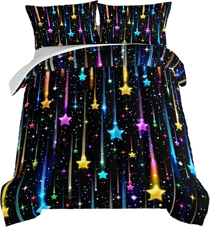 HOSIMA Glitter Star King Size Comforter Set for Kids,Different Colorful Glowing Stars Pattern Galaxy Bedding Set for Teenage Girl Room Decor,Lightweight Fluffy Princess Bedding with 2 Pillowcases.