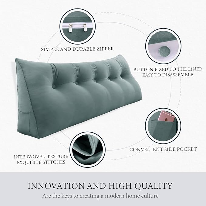 8 lbs Thickened Twin Wedge Pillow Headboard College Dorm Bed Velvet Wedge Pillow Backrest Triangular Headboard Pillows with Side Pocket, Dorm Bedding Essentials for Girls & Boys, Gray