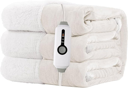 Electric Heated Blanket Twin Size 62"x84" - Dual-Sided with Microplush & Sherpa Fabric, 4 Heat Settings & 10 Hours Auto Off, Machine Washable - White