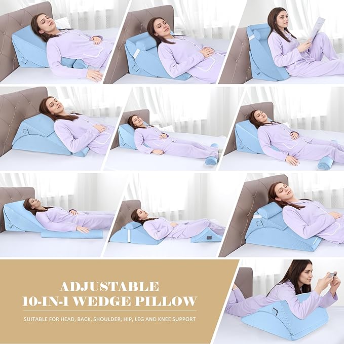 Bed Wedge Pillow for Sleeping, Adjustable Wedge Pillow Set for After Surgery, Elevated Triangle Pillow for Acid Reflux and Back Pain Relief, Post Surgery, Sleep Apnea, Back Suppor