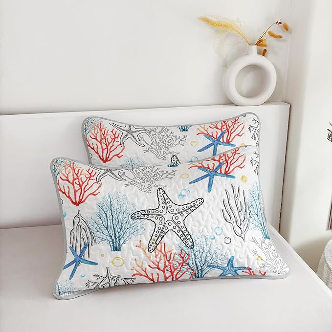 Coastal Themed Quilted Quilt Twin Size,Starfish Bedding Sets for Kids Girls Room Decor,Coral Bubbles Pattern Lightweight Quilt with 2 Pillowcases.