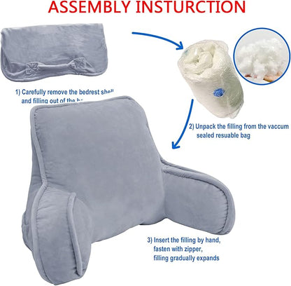Super Soft Assembly Needed DIY Backrest Reading Bed Rest Pillow with Arms and Pockets 18" H for Sitting in Bed Couch Sofa, Removable Cover and Filling Seprated Set, 20" x 18" x 17", Lilac Grey
