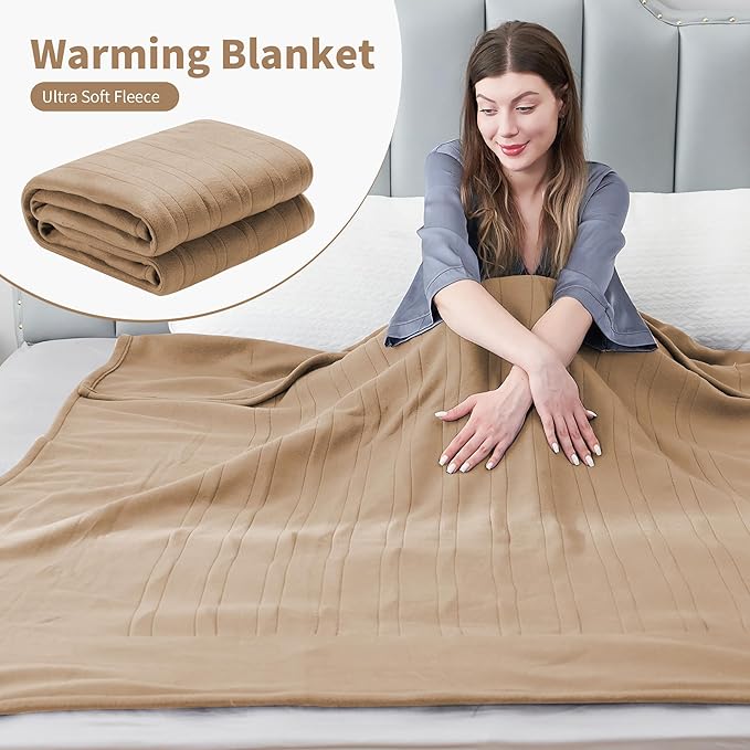 Electric Heated Blanket Full 72"x84", 4 Heating Levels & 10H Auto Shut Off, Soft Single-Side, Even Heat, Easy Care, Fleece Overheating Protection, Machine Washable, Light Brown