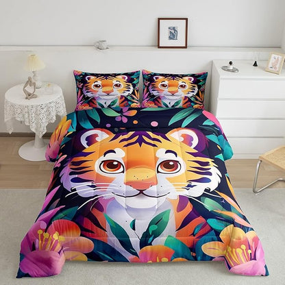 Tropical Tiger Bedding Set Queen Size Cute Jungle Animal Comforter for Child Teens Watercolor Blooming Flowers Down Comforter Green Leaves Duvet Insert with 2 Pillowcases