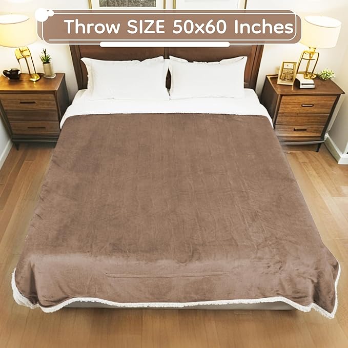 Electric Heated Blanket Throw Size - 50"x60", Soft Flannel Heating Blanket, 4 Heating Levels, 3 H Auto Shut Off, Breathable Warm and Washable for Sofa, Light Brown
