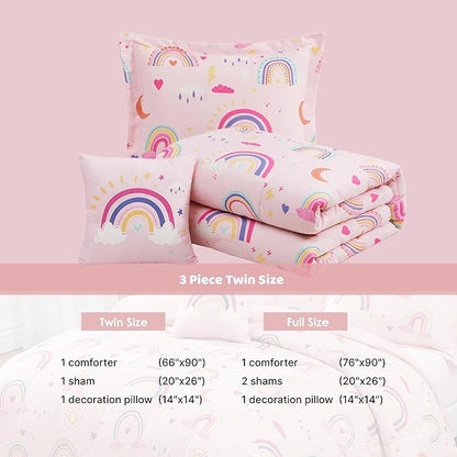 Glow in The Dark Twin Size Comforter Set for Girls, Pink Rainbow Bedding Set for Kids 1 Comforter, 1 Decor Pillow, 1 Pillow Sham