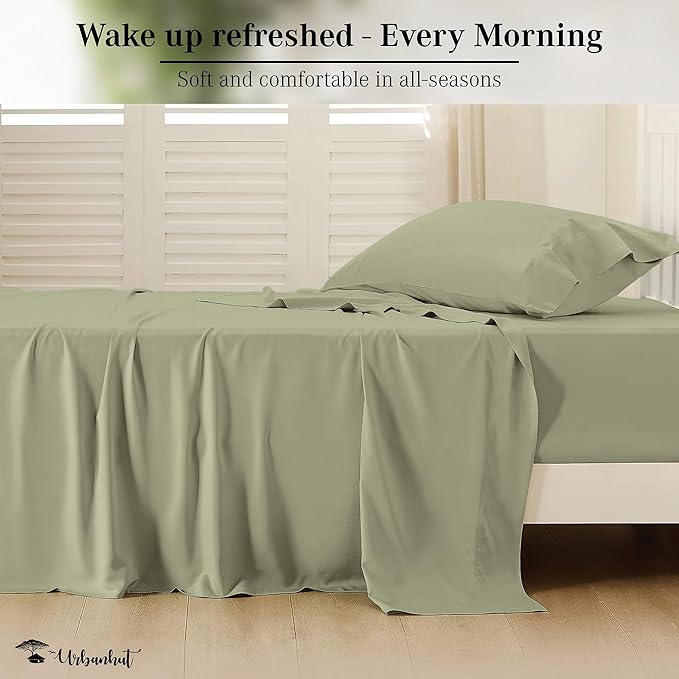 URBANHUT 1000 Thread Count Damask Striped Twin Size Egyptian Cotton Sheets, Long Staple Soft & Breathable, 4 Pc Bed Sheet Sets, Luxury Hotel Sateen Sheets Fits 16" Deep Pocket - Sage