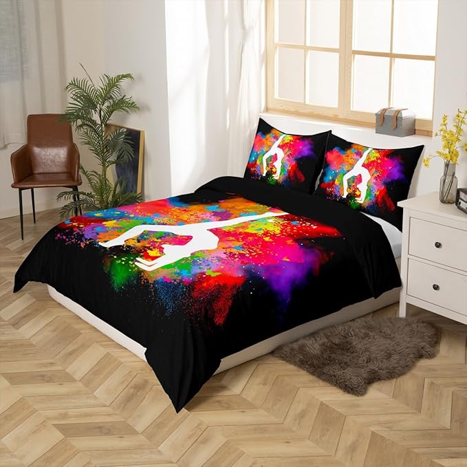 Gymnastics Dance Duvet Cover Twin Size,Rainbow Watercolor Tie Dye Bedding Set for Girls Kids Woman Room Decor,Cheerleading Comforter Cover Yoga Lover Quilt Cover 2pcs with 1 Pillowcase,Black