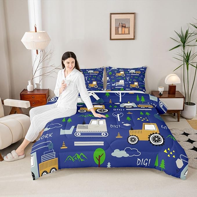 Feelyou Construction Comforter Set All Season Equipment Trucks Bedding Set with 1 Pillow Cases Excavator Tractor Kids Twin Bedclothes Construction Vehicles Bedroom Decor Blue Yellow Duvet Quilt