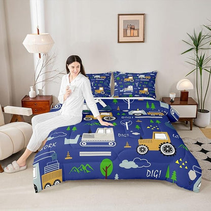 Feelyou Construction Comforter Set All Season Equipment Trucks Bedding Set with 1 Pillow Cases Excavator Tractor Kids Twin Bedclothes Construction Vehicles Bedroom Decor Blue Yellow Duvet Quilt