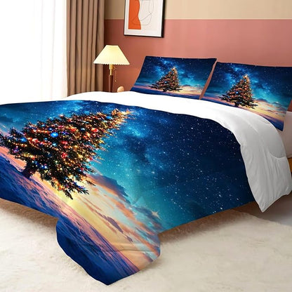 Christmas Tree Bedding Set Full/Queen Size Blue Galaxy Comforter for Kids Girls Teen Women Space Xmas Holiday Bedroom Quilt Bed Sets, 1 Comforter 2 Pillowcases